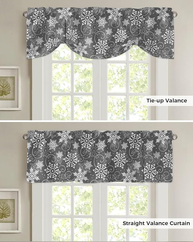 Christmas Blackout Tie Up Valance Curtains for Kitchen Windows Grey White Snowflakes Pattern Window Toppers Balloon Shades for Living Room/Bathroom/Bedroom,1 Panel, 60" X 18", Winter