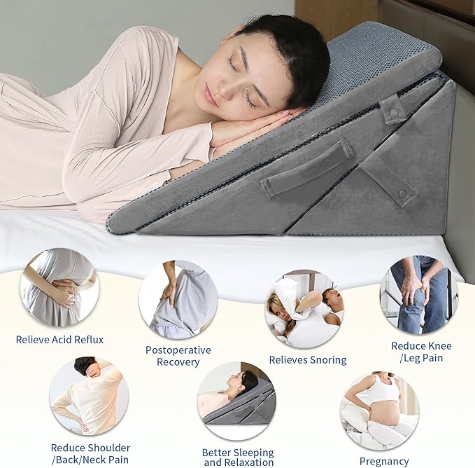 KingPavonini Grey Bed Wedge Pillow for Sleeping, 7.5 & 9 & 11 & 12 Inch Adjustable Memory Foam Triangle Wedge Pillow Post Surgery for Back, Legs and Knee Support, Acid Reflux