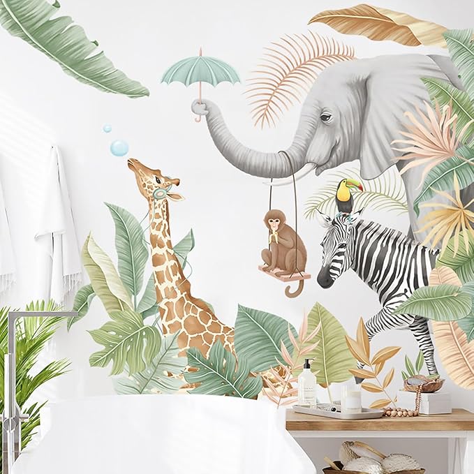 Jungle Animals Wall Stickers Wildlife Giraffe Elephant Monkey Zebra Wall Decals Tropical Plants Wall Decor for Kid Girl Baby Room Stickers Peel and Stick Wall Art Home Decor Living Room Bedroom