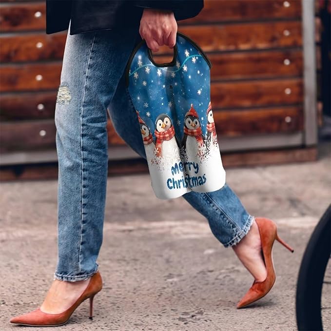 doginthehole Merry Christmas Wine Carrier Tote Bag for 2 Bottles Cute Penguin Neoprene Wine Bottle Holder with Carry Handle, Wine Protective Bag Beer Cans Water Bottle Holder for Travel Picnic