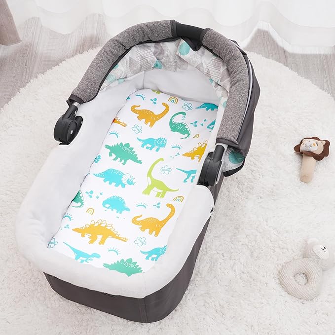 PHF Soft Bassinet Sheet Set, 2 Pack Silky Comfy Breathable Cradle Sheets for Baby Boys Girls, Univeral Fit for Most Oval Rectangle Cradle and Bassinet Mattress/Pad, Dinosaur