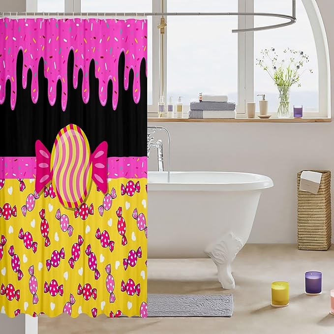 Feelyou Sweet Candy Shower Curtain 72"x84" Kids Donuts Print Bathroom Shower Curtain Set for Boys Girls Teens Love Heart Bath Curtain Black Pink Yellow Bathroom Accessories