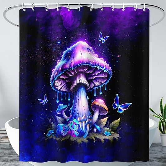 AILONEN Magic Mushroom Shower Curtain,Blue Butterfly Waterproof Fabric Bath Curtain for Kids Girl,Boho Style Shower Curtain Set for Bathroom,Natural Fungal Shower Curtain with Hooks 72" W*96" H