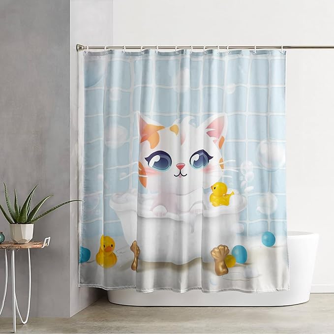 AILONEN Cartoon Bathtub Cat Shower Curtain for Kids 72" W*78" H Kawaii Shower Kitten and Duck Shower Curtain,Polyester Waterproof Fabric Decor for Bathroom Bathtub Panels