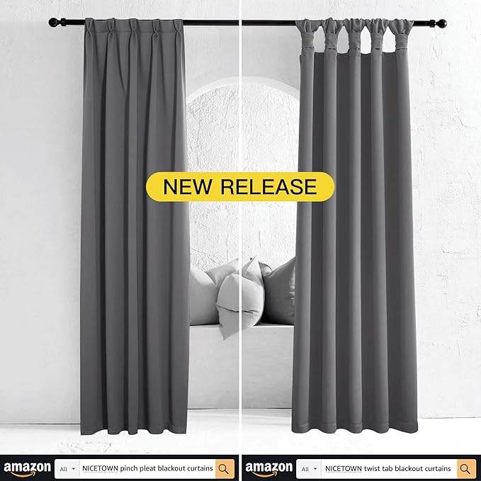 NICETOWN Grey Blackout Curtain Panels for Bedroom, Thermal Insulated Grommet Top Blackout Draperies and Drapes for Basement (2 Panels, W34 x L72-inch, Grey)