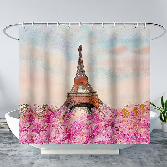 AILONEN Paris Tower Shower Curtain,Romantic Tower Theme Waterproof Fabric Shower Curtain Set for Girls Kids Teens, 48" W*72" H Pink Flowers Dreamy Eiffel Tower Shower Curtain