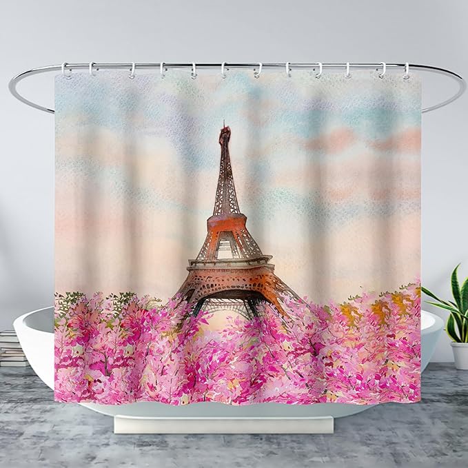 AILONEN Paris Tower Shower Curtain,Romantic Tower Theme Waterproof Fabric Shower Curtain Set for Girls Kids Teens, 60" W*72" H Pink Flowers Dreamy Eiffel Tower Shower Curtain