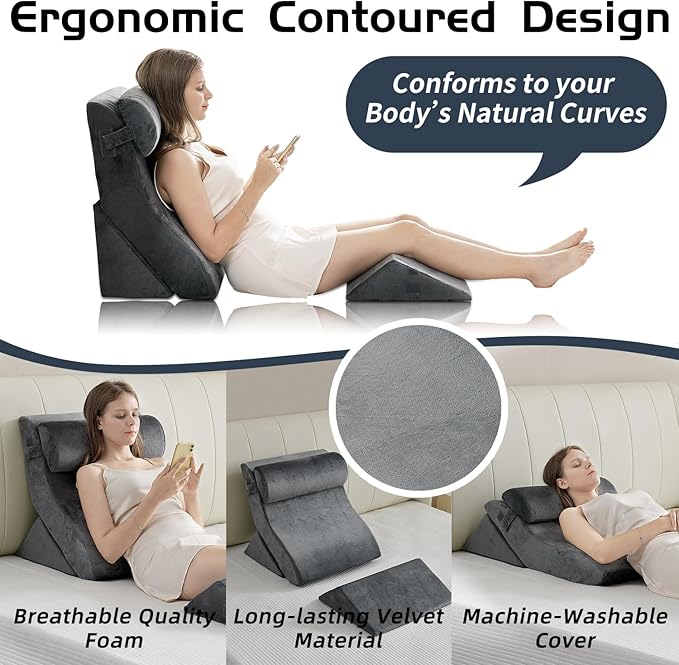 Qirroboni 4PCS Orthopedic Bed Wedge Pillow Set, Adjustable Pillows for Neck, Back and Leg Pain Relief Comfortable & Post Surgery Foam - Heartburn, Anti Snoring, Acid Reflux & GERD Sleeping Grey