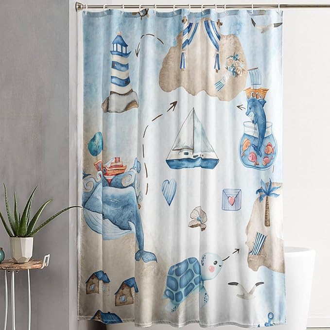 AILONEN Cartoon Dolphin Hower Curtain,Cute Sea Turtle Shower Curtain for Bathroom,Nautical Theme Bath Curtain,Watercolor Blue Waterproof Fabric Shower Curtain Set for Kids Girls,Boys,72" W*72" H