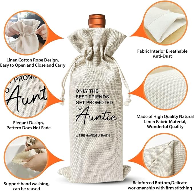 EUFJDKSL Pairs Well With Becoming Auntie Wine Gift Bag, Wine Bag for Pregnancy Announcement, New Aunt for Baby Announcement, Cotton Linen Wine Gift Bag With Drawstring