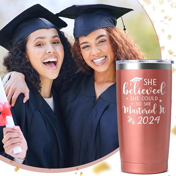 Lifecapido Graduation Gifts for Her, She Believed She Could So She Mastered It 2024 20 oz Insulated Travel Tumbler, Graduation Gifts with Keychain for Masters College High School Graduate, Rose Gold