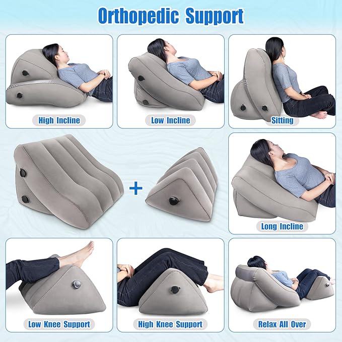 SAHEYER Inflatable Bed Wedge Pillow Set, 2 PCS Post Surgery Support Pillow for Back, Knees, Leg Pain Relief, Adjustable Sitting Pillows for Acid Reflux, Anti Snoring, Heartburn, GERD Sleeping (Grey)