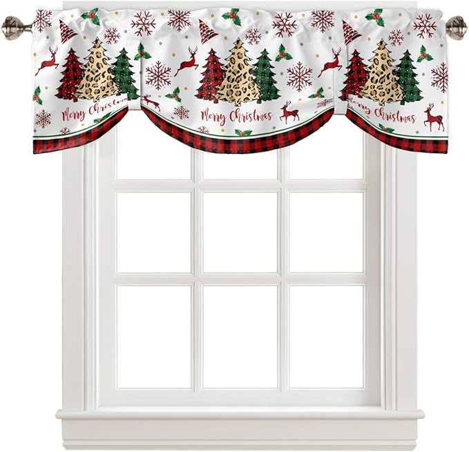 Merry Christmas Blackout Tie Up Valance Curtains for Kitchen Windows Farm Christmas Tree Buffalo Plaid Leopard Window Toppers Balloon Shades for Living Room/Bathroom/Bedroom,60" X 18" Holiday Decor