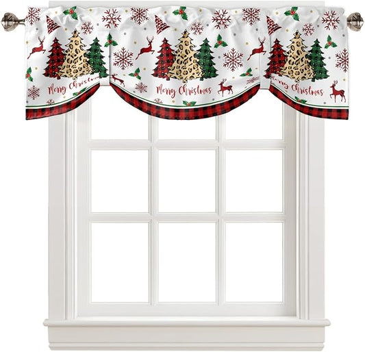 Merry Christmas Blackout Tie Up Valance Curtains for Kitchen Windows Farm Christmas Tree Buffalo Plaid Leopard Window Toppers Balloon Shades for Living Room/Bathroom/Bedroom,60" X 18" Holiday Decor