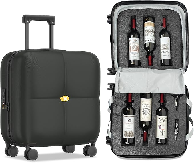 Wine Suitcase, 6 Bottle Wine Luggage, Durable Wine Travel Case, Fly With Wine Suitcase with TSA Lock, Versatile Wine Carrier with Removable Inserts and Silent Spinner Wheels（Black）