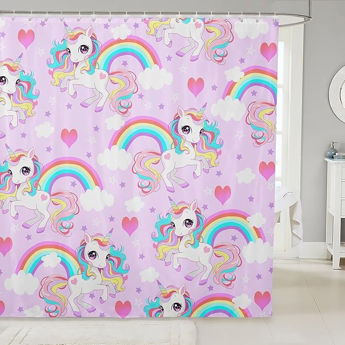 Feelyou Unicorn Shower Curtain Kids Toddler Boys Girls Cute Unicorn Bath Curtain Cartoon Unicorn Bathroom Shower Curtain Set Girl Unicorn Kids Bathroom Accessories 72"x78"