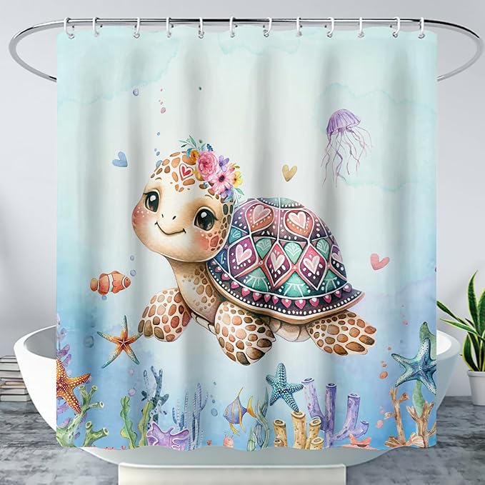AILONEN Cartoon Sea Turtle Shower Curtain,Kawaii Ocean Sea Turtle Bath Curtain Set for Kids Girls,Ocean Flowers Bathroom Curtains,Watercolor Blue Shower Curtains for Bathroom, 60" W*72" H