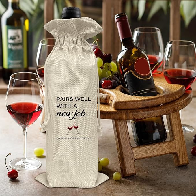 HOIJAUMAI New Job Gift Wine Bag, Going Away Gifts for Coworker Friends Women Men, Farewell Gift for Coworker, Pairs Well with a New Job Burlap Drawstring Wine Bag