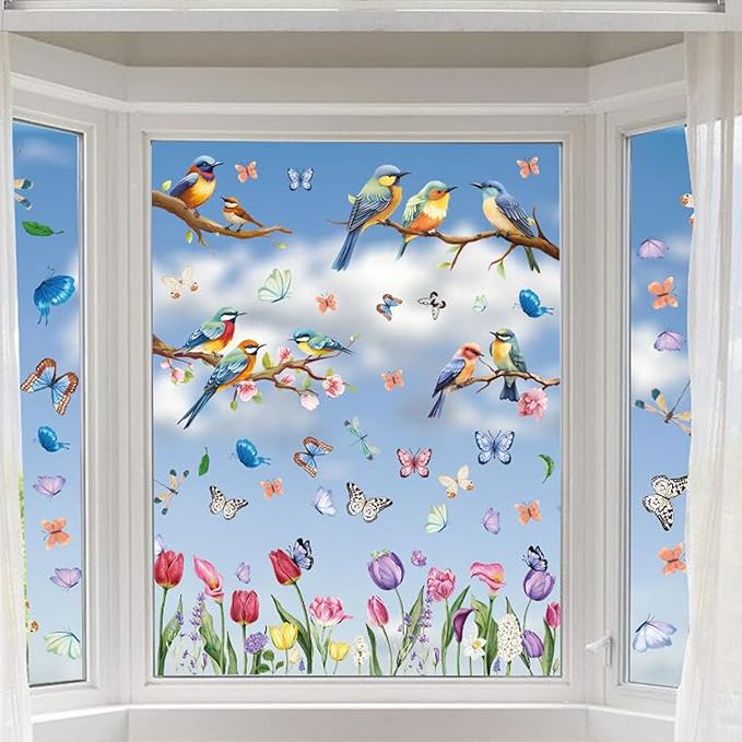9PCS Summer Window Stickers, Spring Flower Bird Butterfly Tree Branches Glass Window Cling Stickers Cartoon Decoration Stickers for Living Room Office Home Party Supplies Shop