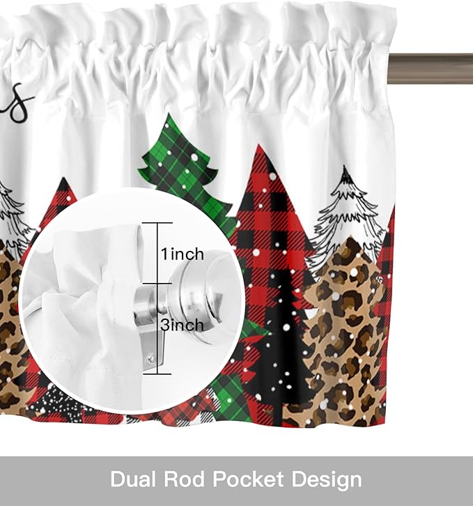 Merry Christmas Valance Curtains for Kitchen Windows Buffalo Plaid Xmas Tree Winter Forest Farmhouse Rod Pocket Window Treatment Toppers for Kitchen/Living Room/Bedroom/Bathroom, 54" X 18",Red Green