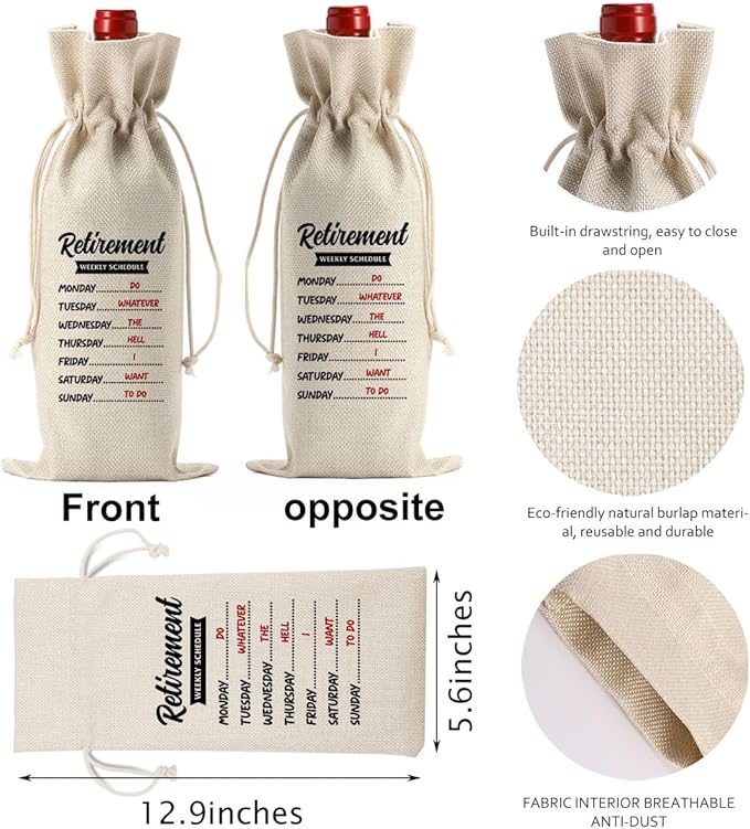 PKW 1Pcs Funny Retirement Wine Bag, Retirement Gift for Woman Men Wine Bag, Retirement Weekly Schedule Wine Bag, Retirement Gifts for Teachers Coworkers Boss Nurse Colleagues Best Friends