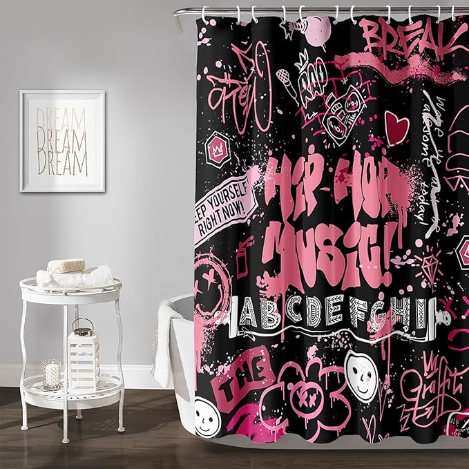 AILONEN Black Pink Graffiti Shower Curtains for Teens Girls,Hip-Hop Music Bath Shower for Bathroom,Polyester Waterproof with 12 Hooks,36" W*72" H Black Pink