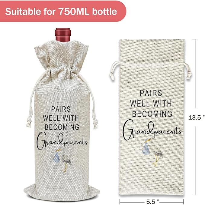 Pregnancy Announcement Wine Bag, New Grandparents Gift Funny Wine Gifts for Women Men, Party Favor Wine Champagne Gift Bag With Drawstring -05