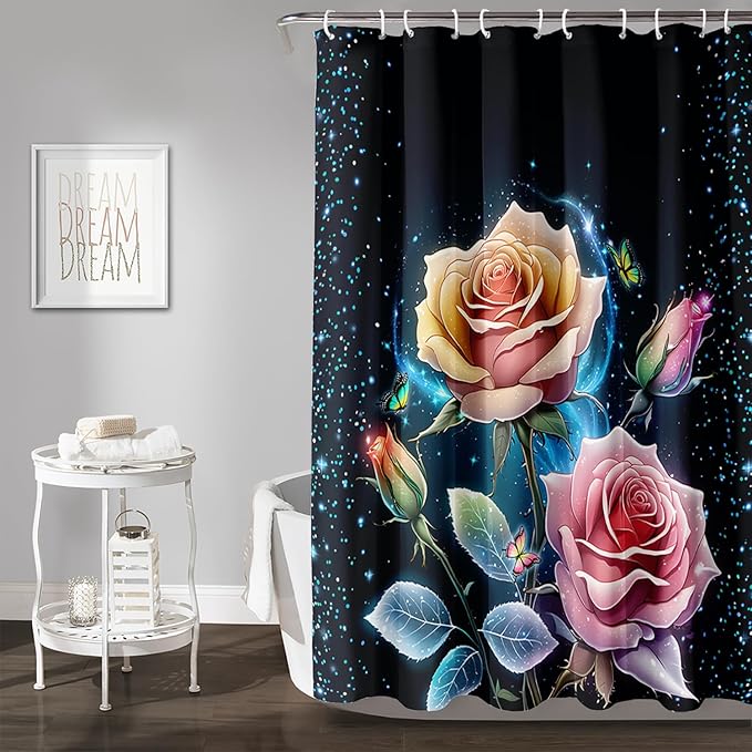 AILONEN Pink Rose Shower Curtain,Galaxy Butterfly Rose Flower Curtain for Kids Girls Women,Modern Romantic Curtain,Print Polyester Waterproof with 12 Plastic Hooks, 72" W*78" H