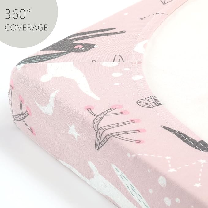 GRSSDER Stretchy Ultra Soft Jersey Knit Pack n Play Sheets Set 2 Pack, Portable/Mini Cribs Playard Sheets, Cute Foxes and Rabbits for Baby Girls and Boys