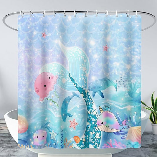 AILONEN Mermaid Tail Shower Curtain Set, Beautiful Glitter Mermaid Tail Cloth Bath Curtain for Bathroom,Cute Whale Jellyfish Polyester Waterproof Shower Curtain with Hooks,72" Wx96 H
