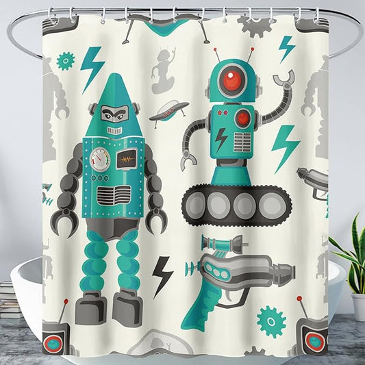 AILONEN Robot Shower Curtain,Cartoon Green Tank Robot Bathroom Decors, 72" W*84" H Logistic Robots Waterproof Shower Curtain for Boys Girls Teens Kids