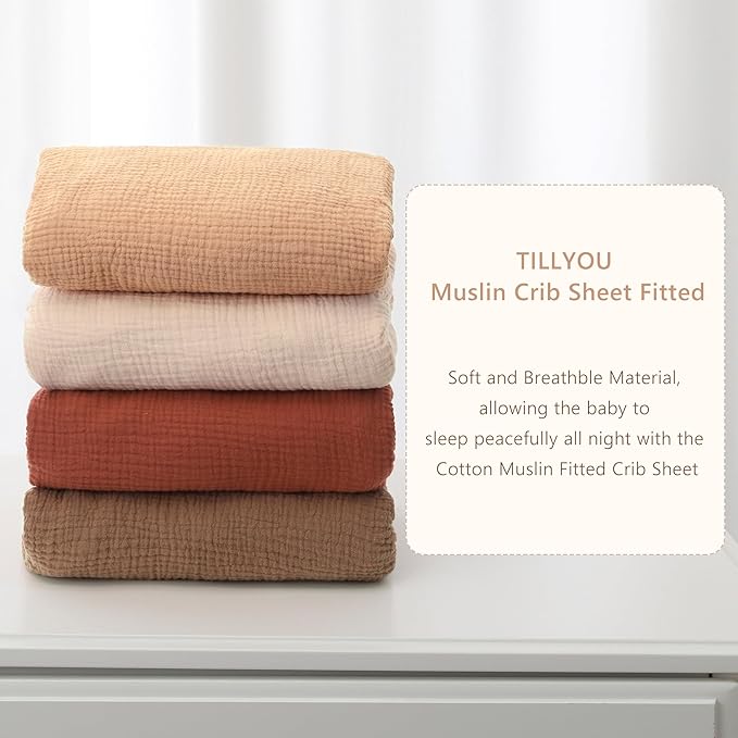 TILLYOU 2 Pack Muslin Crib Sheet for Boys and Girls - 100% Cotton Fitted Crib Sheet for Toddler Standard Crib Mattress, Soft and Breathable, 52"x28"x8",Beige&Light Brown
