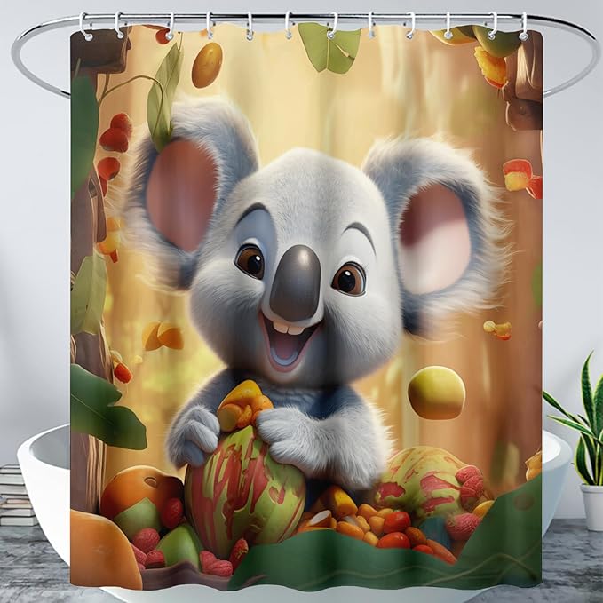 AILONEN Cartoon Koala Shower Curtain for Kids,Kawaii Fruit Koala Shower Curtain for Bathroom,Girls,Lovely Animals Shower Curtain Set with Hooks,72" W*96" H