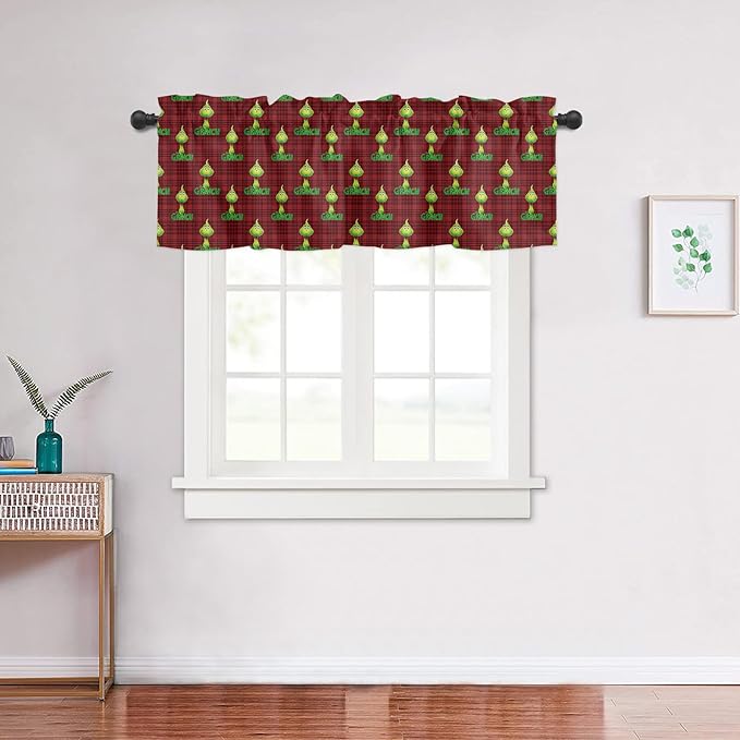 Retro Style Green Monster Christmas Window Valance for Kitchen Living Room Baby Grin-ch Window Curtain for Bedroom Christmas Window Valance Rod Pocket Window Treatment Christmas Decors, 54" W x 18" L