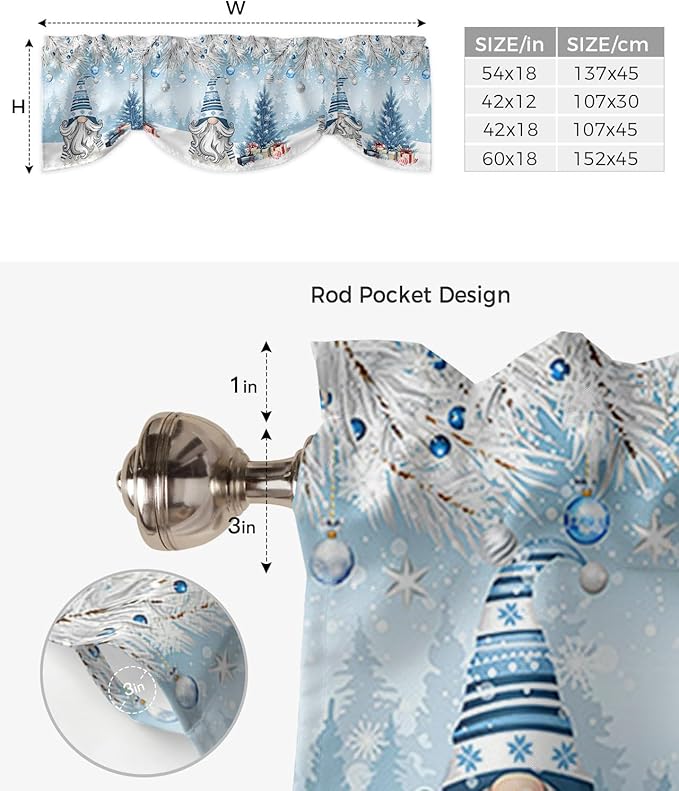 Christmas Gnome Blackout Tie Up Valance Curtains for Kitchen Windows Winter Merry Christmas Tree Balls Window Toppers Balloon Shades for Living Room/Bathroom/Bedroom,1 Panel, 42" X 12", Blue