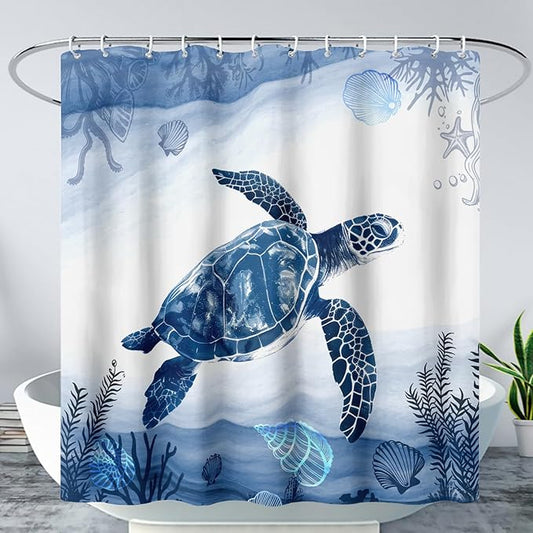 AILONEN Blue Sea Turtle Shower Curtain Set for Bathroom,Cartoon Turtle and Water Plant Bath Curtain,Kawaii Ocean Animal Theme Waterproof Fabric Shower Curtain with Hooks,72" W*78" H