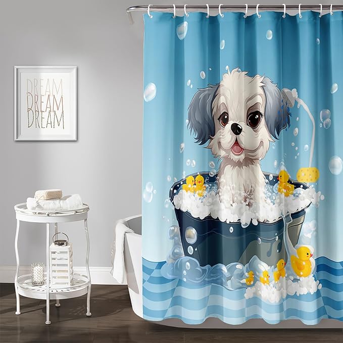 AILONEN Cartoon Bathtub Dog Shower Curtain for Kids 48" W*72" H Kawaii Shower Puppy and Duck Shower Curtain,Polyester Waterproof Fabric Decor for Bathroom Bathtub Panels