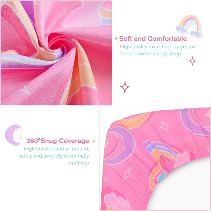 JISEN Baby Crib Sheets Soft Breathable Pink Rainbows Fitted Crib Sheets Baby Sheet for Standard Crib and Toddler Mattress Baby Bed Sheets for Crib for Baby Boys Girls Neutral 52x28 Inch
