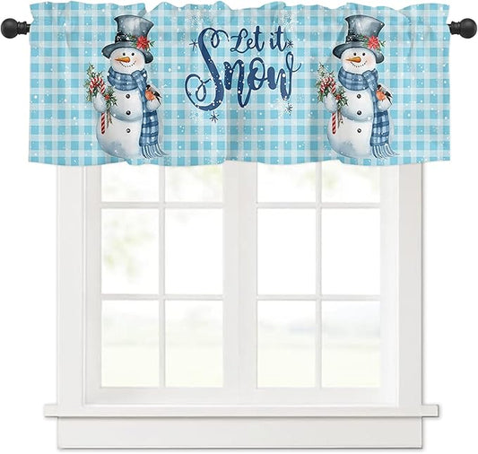 Snowman Christmas Valance Curtains for Kitchen Windows Let It Snow Winter Holiday Rod Pocket Window Treatment Toppers for Kitchen/Living Room/Bedroom/Bathroom, 54" X 18", Blue White Buffalo Plaid