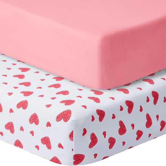 Pack and Play Sheets Fitted, 2 Pack Pack n Play Sheets for Graco Pack n Play Mattress, Unisex Playard Sheets for Boys Girls (Love & Pink, 38 X 26 Inch)