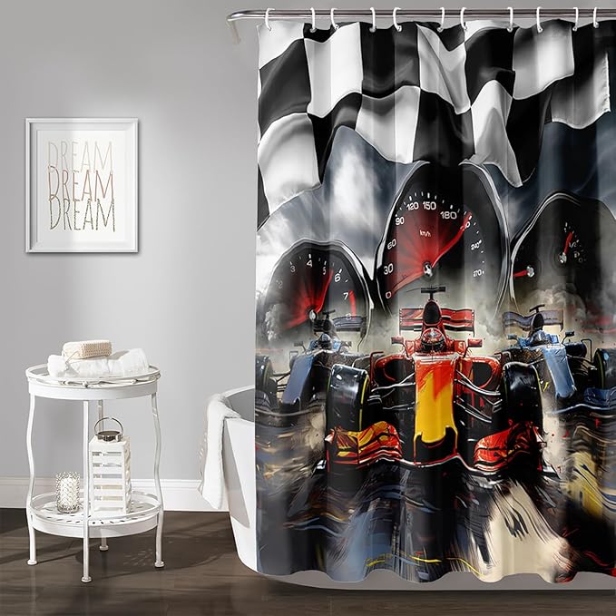 AILONEN Racing Car Shower Curtains,Checkered Speed Car Bath Curtains Gifts for Racer,Polyester Waterproof for Bathroom with 12 Plastic Hooks 72" W*78" H