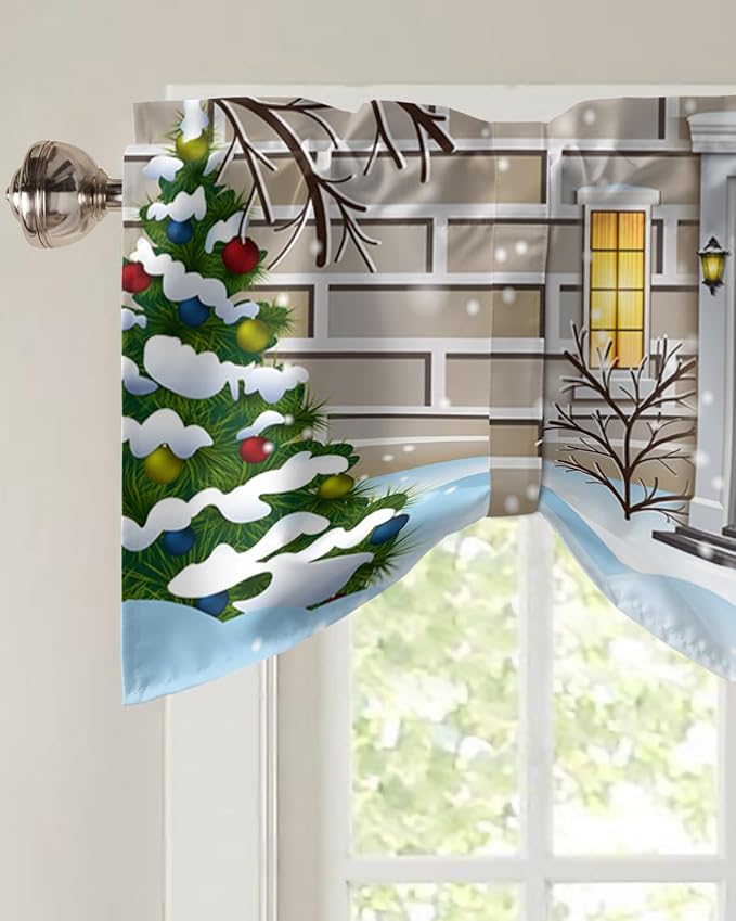 Christmas Farmhouse Blackout Tie Up Valance Curtains for Kitchen Windows Funny Santa Claus Window Toppers Balloon Shades for Living Room/Bathroom/Bedroom,1 Panel,42" X 18" Holly Xmas Tree