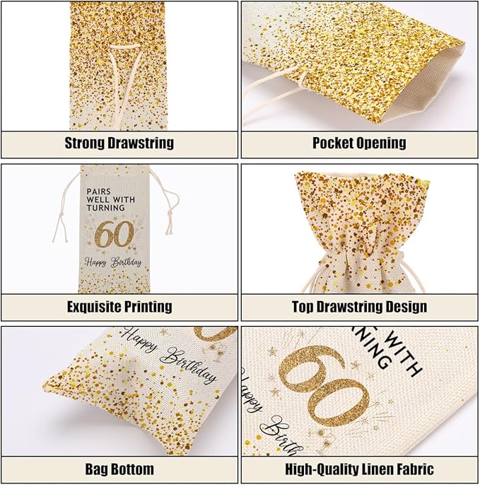 60th Birthday Decorations for Women Wine Bag 60th Birthday Gifts Ideas 60th Birthday Party Favors for Men Coworkers Lady Friend Bestie Him Anniversary Wine Bags