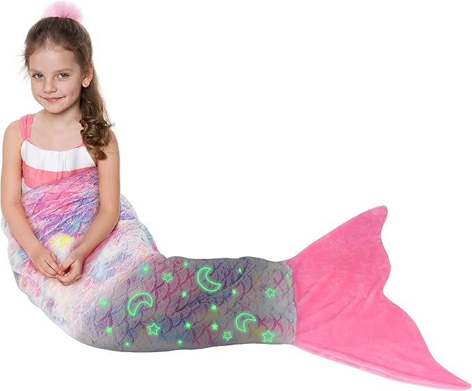 Catalonia Mermaid Tail Blanket for Girls, Glow in The Dark Mermaid Sleeping Bag, Stars and Moon Patterns Pattern, Gift Idea for Kids