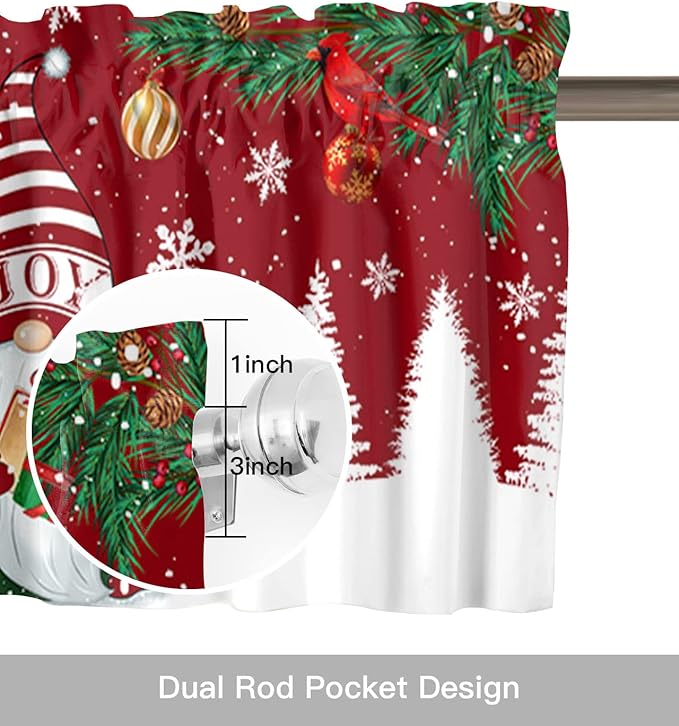 Christmas Gnomes Kitchen Curtains Valances for Windows Red Winter Holidays Rod Pocket Window Treatment for Kitchen /Living Room/Bedroom/ Bathroom,60" X 18" -1 Panel, White Snowflakes Xmas Trees