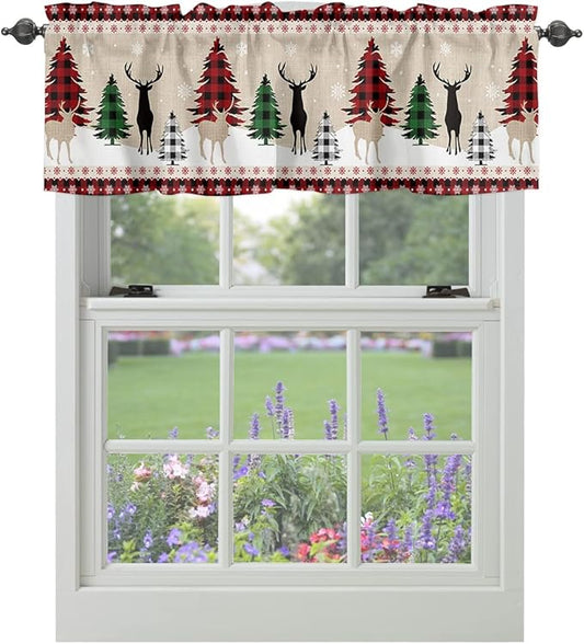 Farmhouse Christmas Kitchen Curtains Valances for Windows Rustic Plaid Christmas Tree Snowflakes Rod Pocket Short Curtain for Kitchen /Living Room/Bedroom/ Bathroom,60" X 18" -1 Panel, Red Green Black