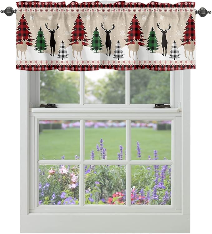Farmhouse Christmas Kitchen Curtains Valances for Windows Rustic Plaid Christmas Tree Snowflakes Rod Pocket Short Curtain for Kitchen /Living Room/Bedroom/ Bathroom,42" X 12" -1 Panel, Red Green Black