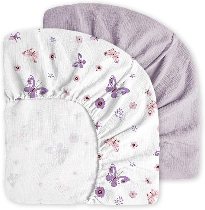 Muslin Crib Sheets, 2pk Neutral Fitted Baby Toddler Bed Sheets for Standard Crib Mattress & Toddler Bed Mattress, 28 x 52 inches, Purple Butterfly