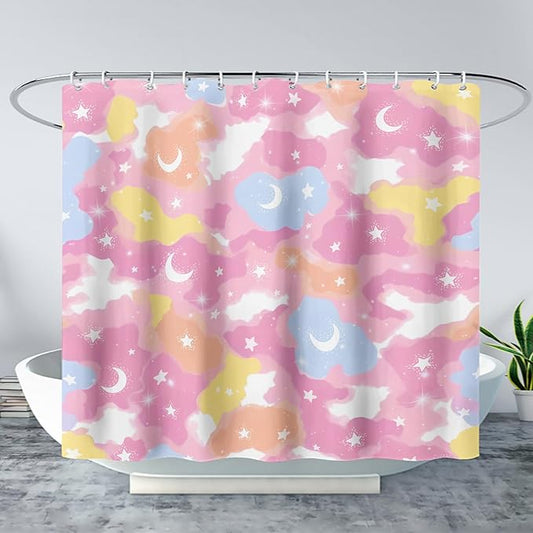 AILONEN Pink Galaxy Shower Curtain,Star and Moon Theme Bathroom Shower Curtain for Girls Kids Teens, 36" W*72" H Colorful Starry Sky Shower Curtain for Bathroom