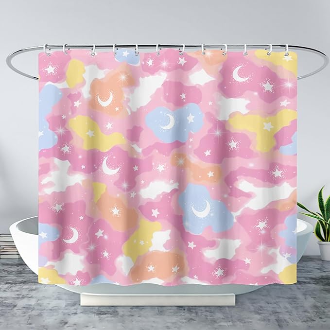 AILONEN Pink Galaxy Shower Curtain,Star and Moon Theme Bathroom Shower Curtain for Girls Kids Teens, 48" W*72" H Colorful Starry Sky Shower Curtain for Bathroom